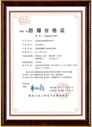 Explosion proof certificate of high efficiency flameproof motor